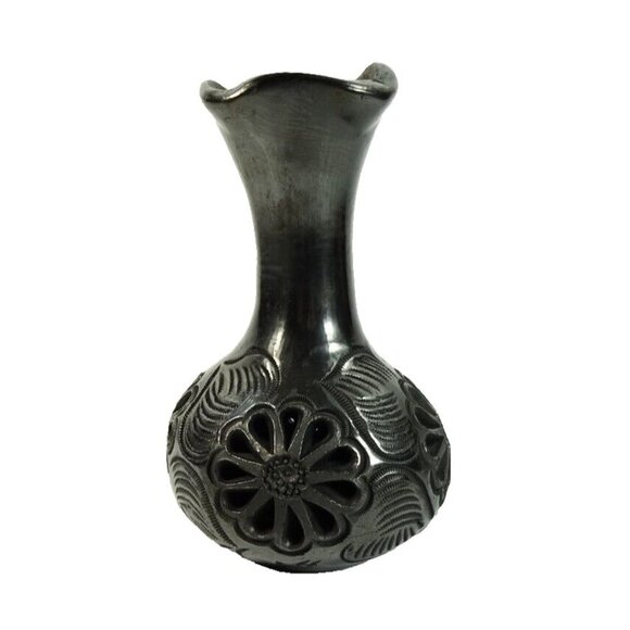 Black Floral Pottery Vase Dona Rosa Oaxaca Mexico Whimsigoth Dark Romantic Decor - Picture 1 of 7